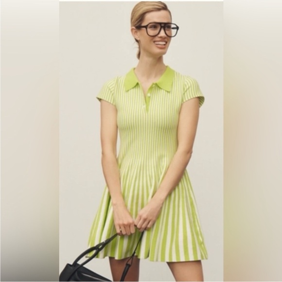 Mare Mare Anthropologie Short Sleeve Polo Dress Green White Stripes Size Small - Picture 2 of 11